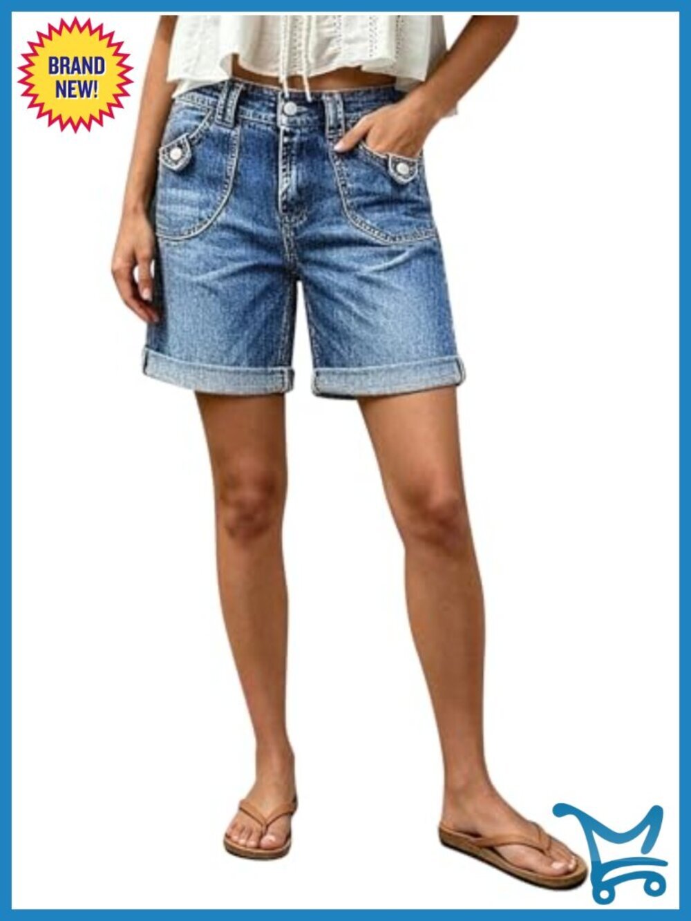 Mid Rise Roll Hem Denim Shorts with Patch Pockets